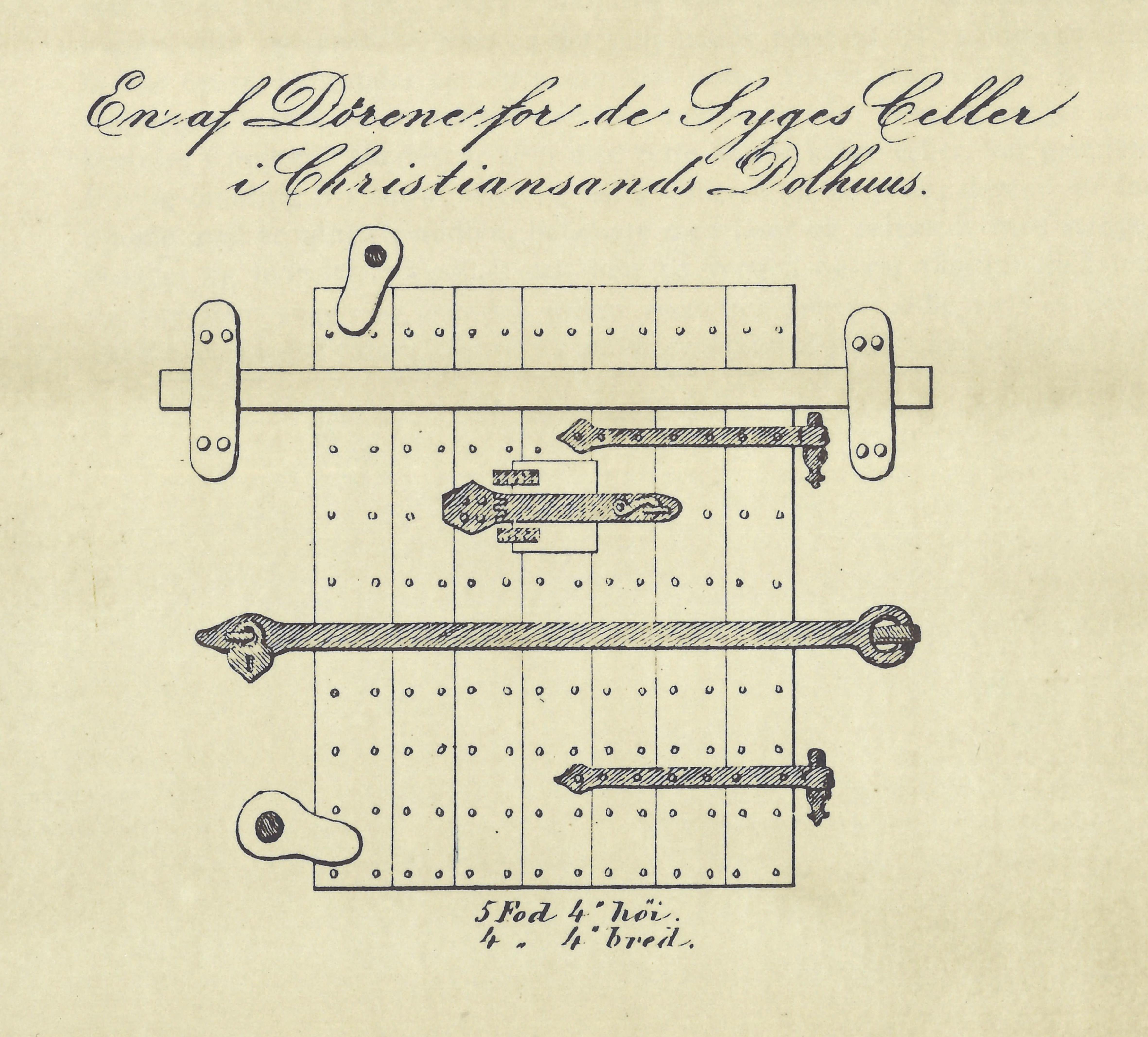 Gammel tegning av dør med mange beslag