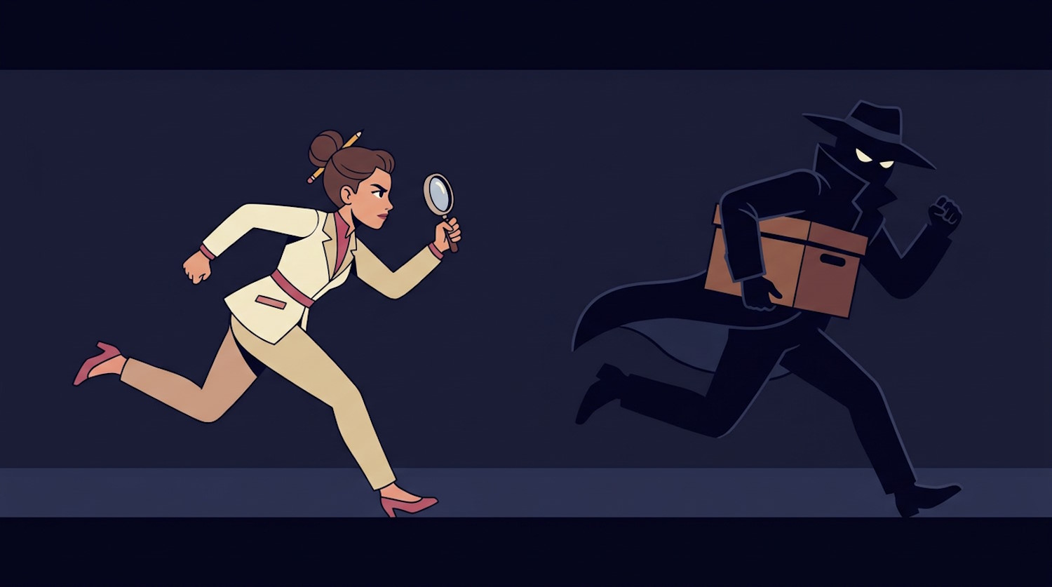 Illstrasjon som viser kvinne med forstørrelsesglass som jager sortkleddtyv med arkivboks